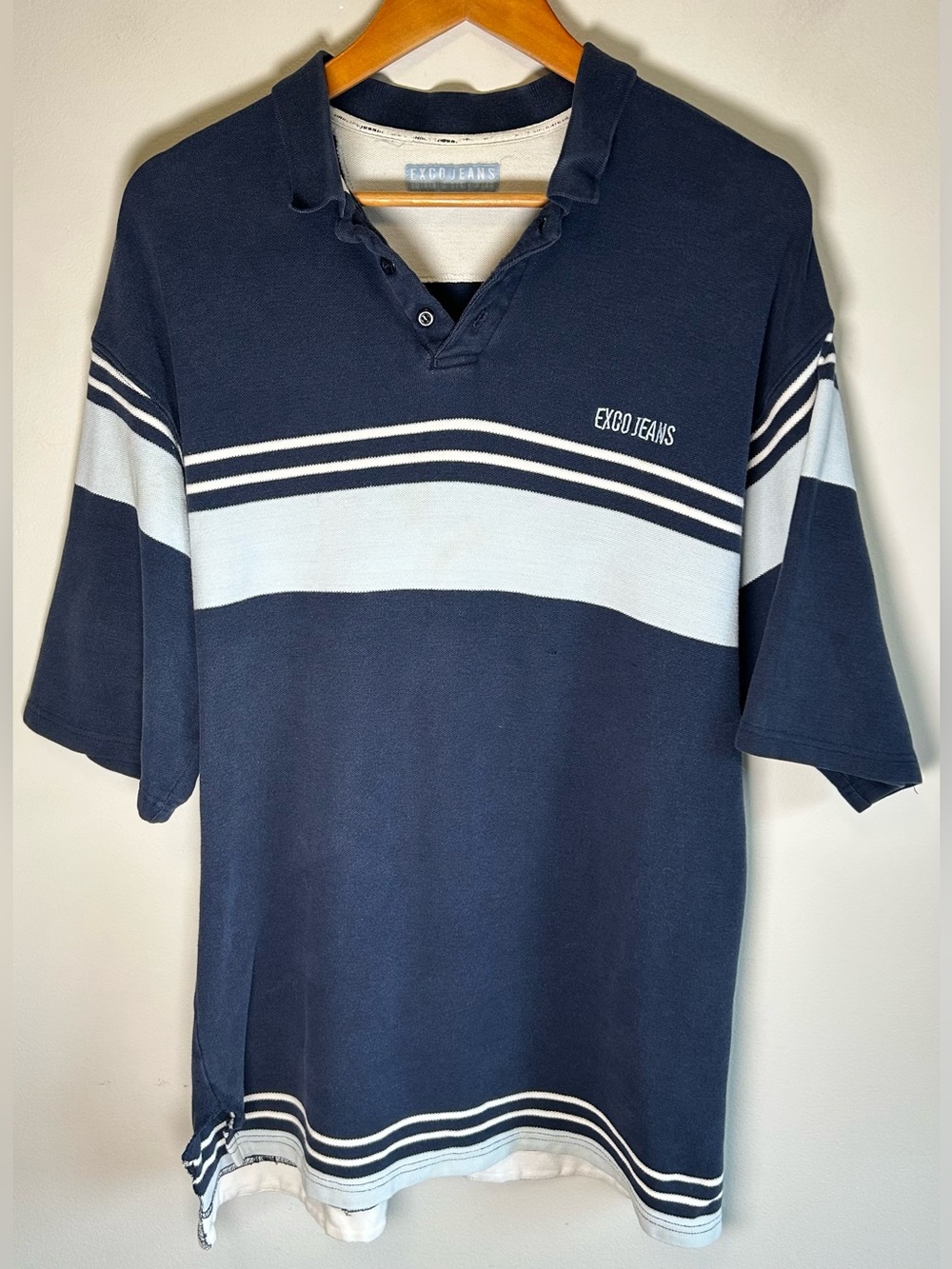 Vintage Exco Jeans Polo Shirt Mens L Navy Blue Stripes Thrashed Cotton Baggy 90s